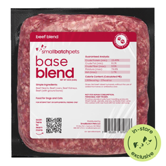 Package of small batch pets base blend beef blend with label and QR code on a white background