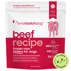 Package of smallbatchdog beef recipe frozen raw sliders for dogs on a white background