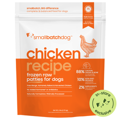 Chicken recipe frozen raw patties for dogs. Orange 6lb bag. In-store exclusive.