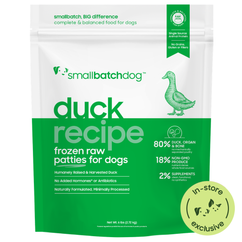 Duck recipe frozen raw patties for dogs. Green 6lb bag. In-store exlusive.