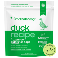 Duck Recipe frozen raw sliders for dogs. Green 3lb bag. In-Store exclusive.