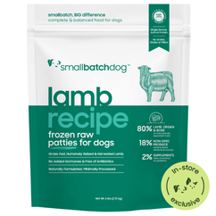 Lamb recipe frozen raw patties for dogs. Teal 6lb bag. In-store exclusive.