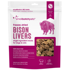 Package of freeze-dried bison livers for dogs and cats with pink and white design.