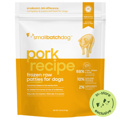 Pork recipe frozen raw patties for dogs. Yellow 6lb bag. In-store exclusive.