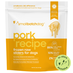 Pork Recipe frozen raw sliders for dogs. Yellow 3lb bag. In-Store exclusive.