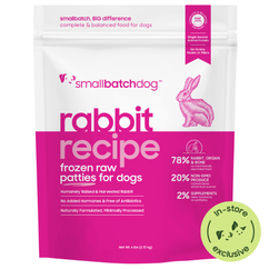 Rabbit recipe frozen raw patties for dogs. Pink 6lb bag. In-store exclusive.