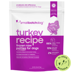 Turkey recipe frozen raw patties for dogs. Purple 6lb bag. In-store exclusive.