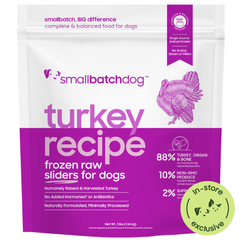 Turkey Recipe. Frozen Raw Sliders for Dogs Purple 3lb Bag. In-Store Exclusive.