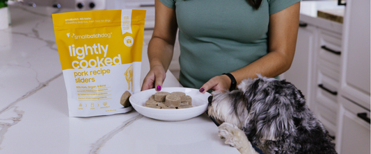 Dog with feet on counter being served smallbatch pork recipe