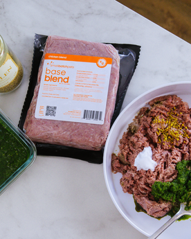 Smallbatch chicken base blend package on counter next to prepared bowl.