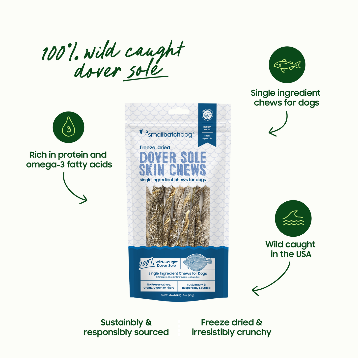 100% wild caught dover sole. Single ingredient, wild caught, rich in protein and omega-3. 