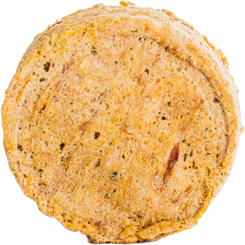 Smallbatch freeze dried raw dog food patty on a transparent background.
