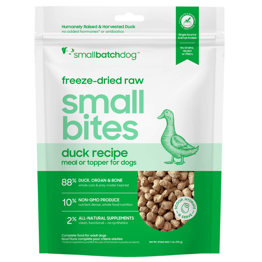 Smallbatch Dog freeze-dried raw Small Bites, duck recipe meal or topper for dogs, 7 oz bag
