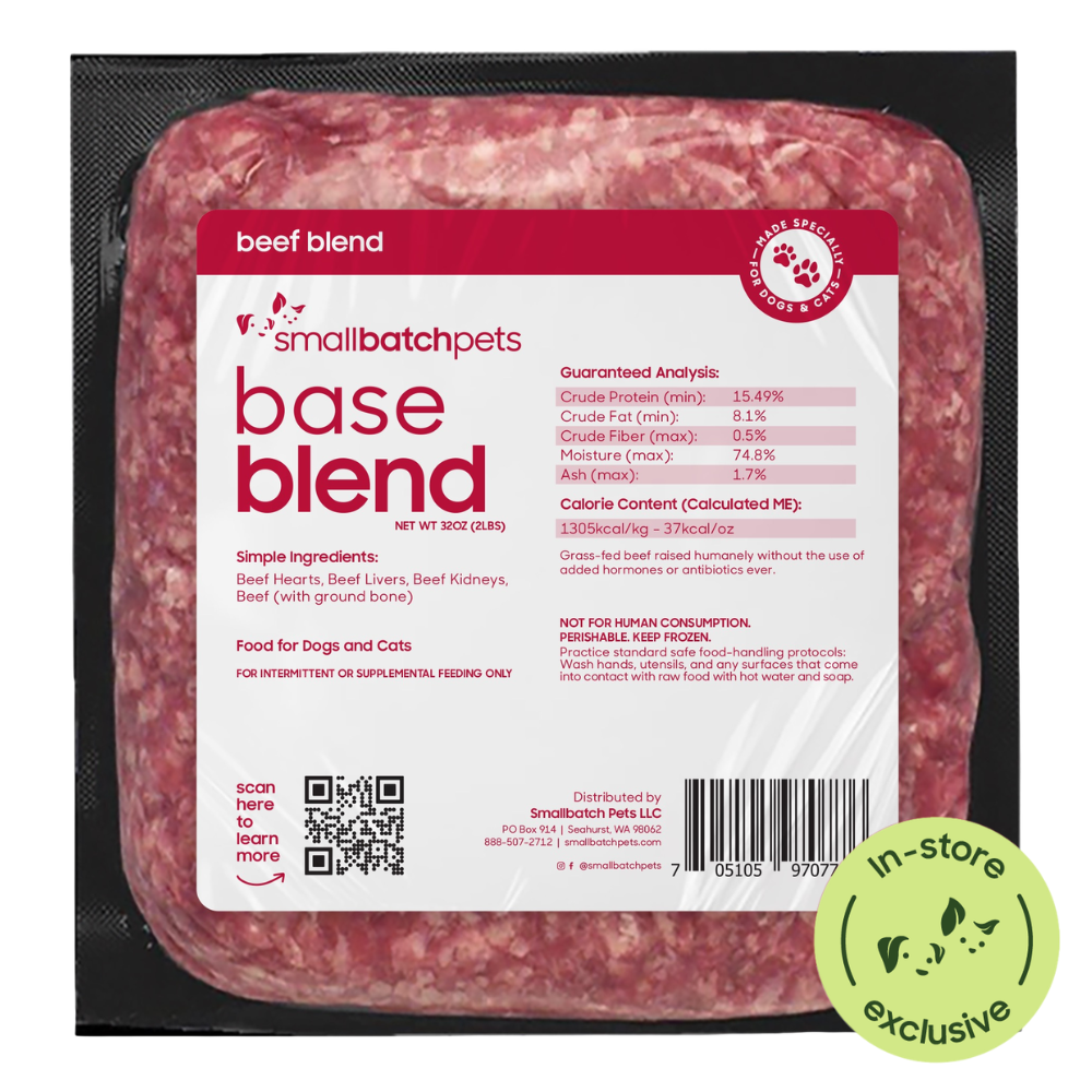 Package of small batch pets base blend beef blend with label and QR code on a white background