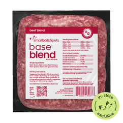 Package of small batch pets base blend beef blend with label and QR code on a white background
