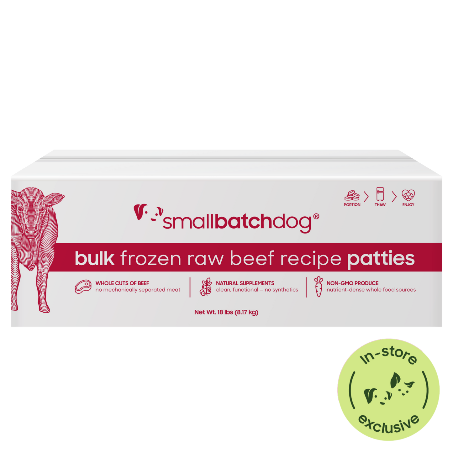 Box of smallbatchdog bulk frozen raw beef recipe patties on a white background