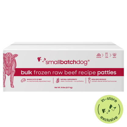 Box of smallbatchdog bulk frozen raw beef recipe patties on a white background