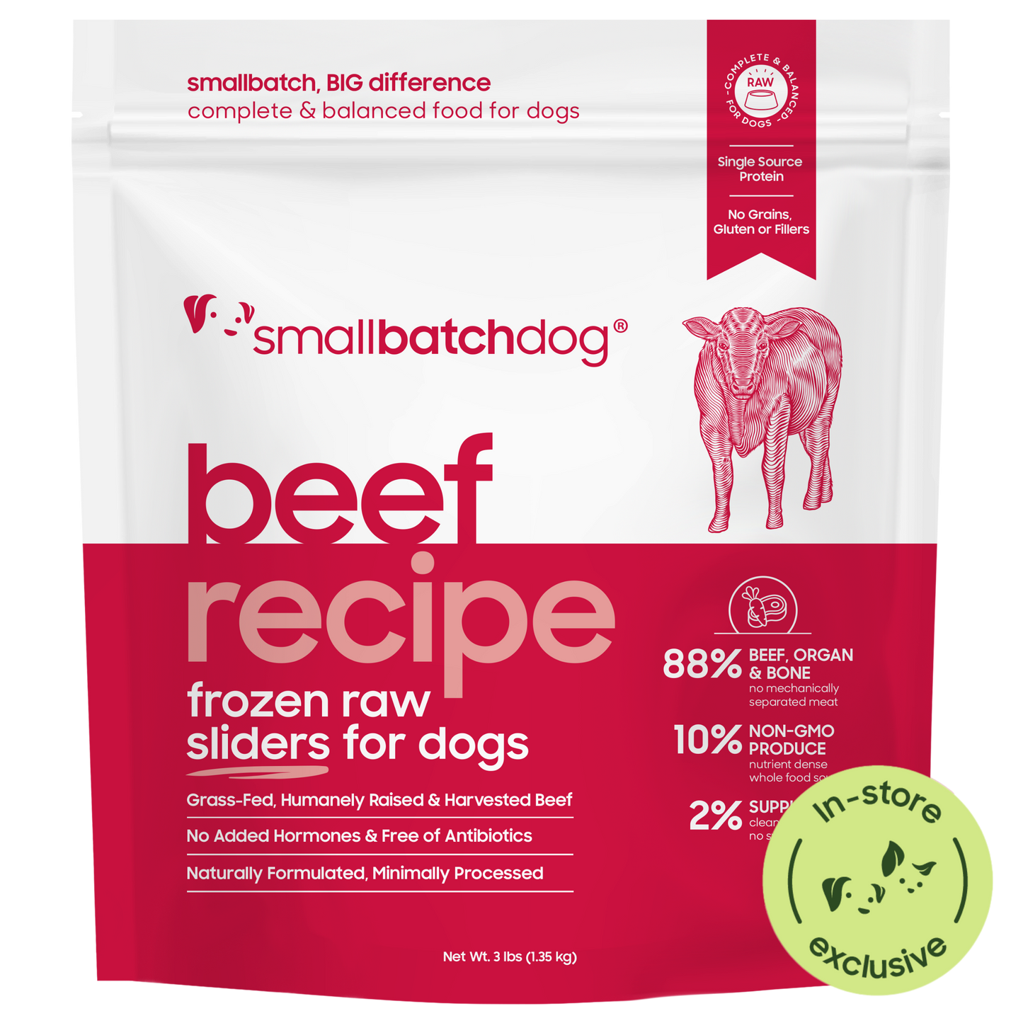 Package of smallbatchdog beef recipe frozen raw sliders for dogs on a white background