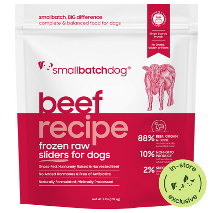 Package of smallbatchdog beef recipe frozen raw sliders for dogs on a white background