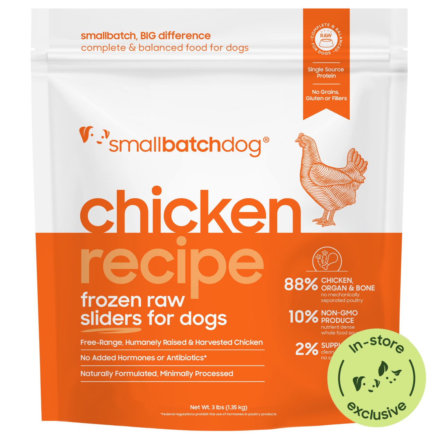 Package of smallbatchdog chicken recipe frozen raw sliders for dogs with branding and product details.