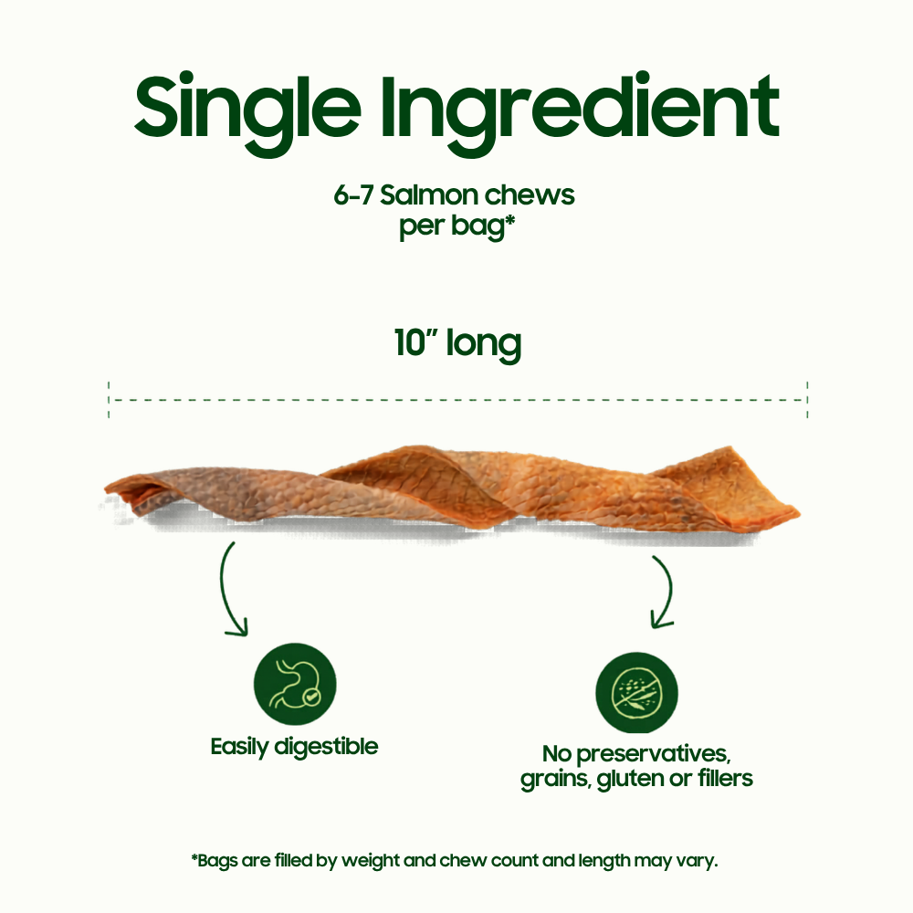 Single ingredient, 10 inch salmon chews, 6-7 per bag.