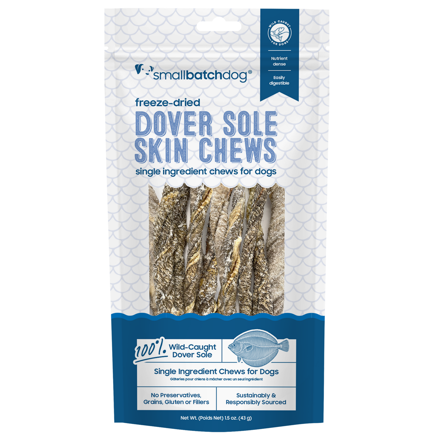 Dover Sole Skin Chews in medium blue and white packaging with a transparent background.