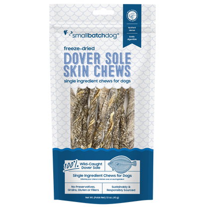 Dover Sole Skin Chews in medium blue and white packaging with a transparent background.