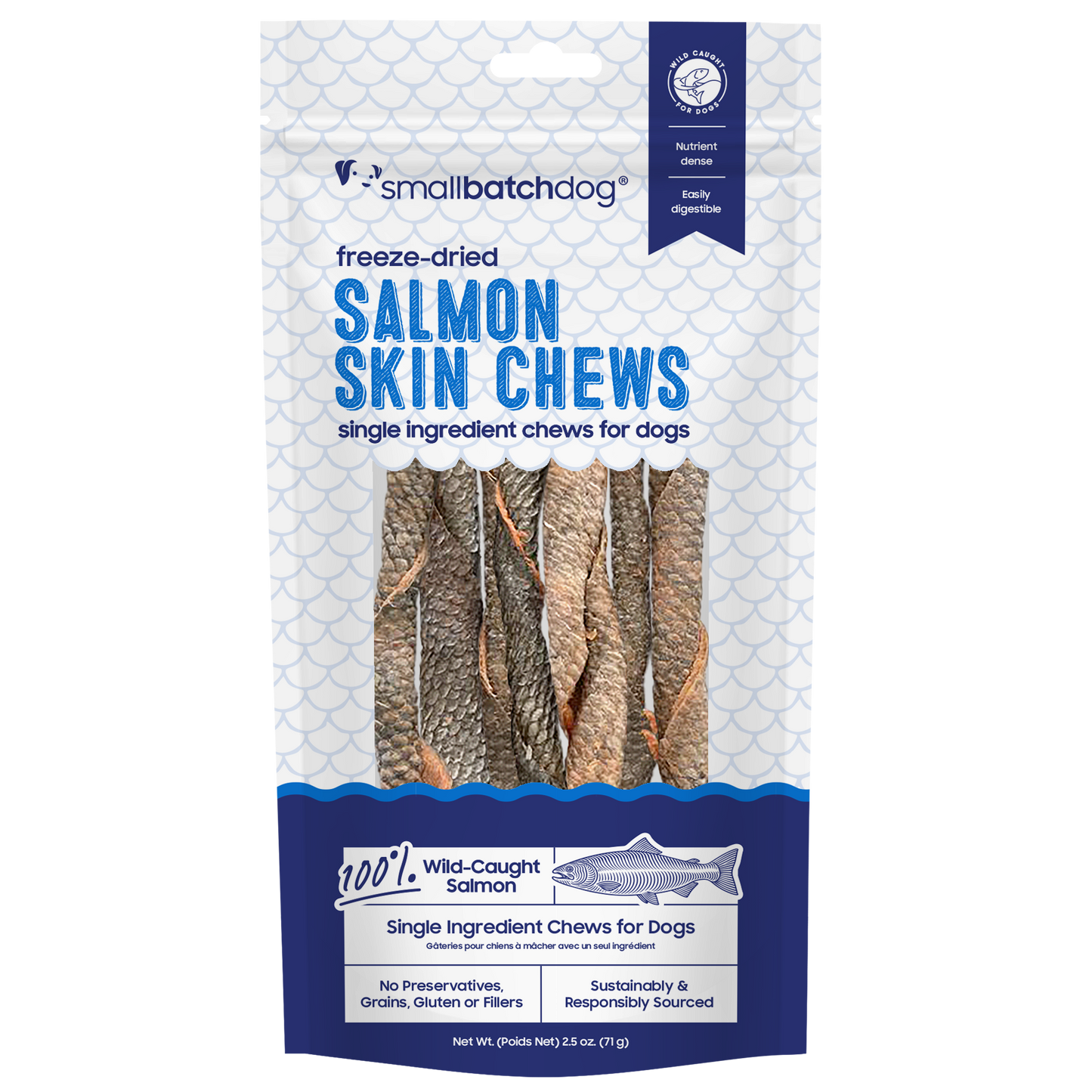 Salmon Skin Chews in dark blue and white packaging with a transparent background.