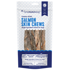 Salmon Skin Chews in dark blue and white packaging with a transparent background.