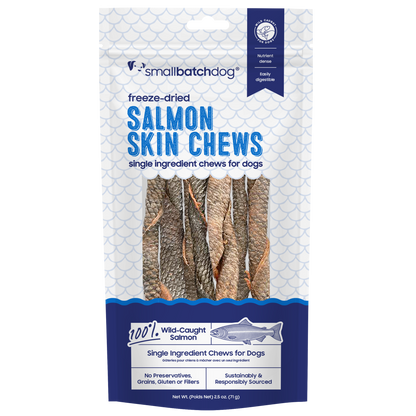 Salmon Skin Chews in dark blue and white packaging with a transparent background.
