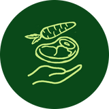 Green illustration of a hand holding meat and a carrot.