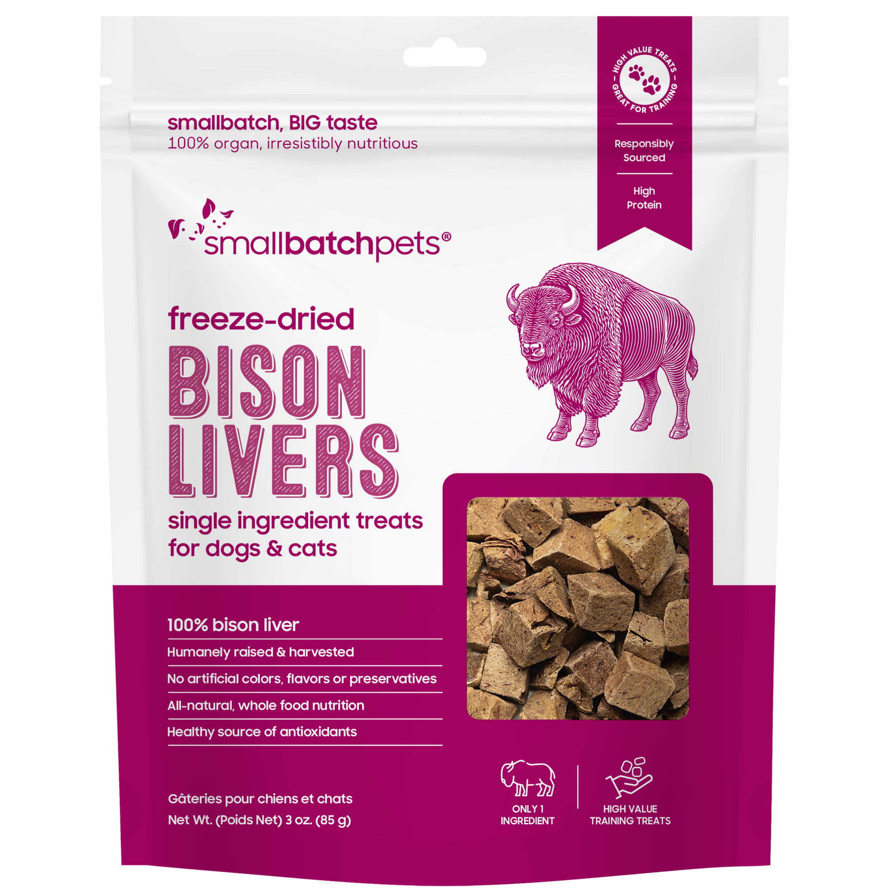 Package of freeze-dried bison livers for dogs and cats with pink and white design.