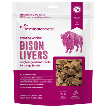 Package of freeze-dried bison livers for dogs and cats with pink and white design.
