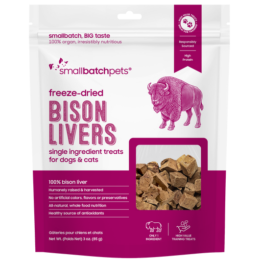 Bag of Smallbatch freeze-dried bison livers, single ingredient treats for dogs and cats