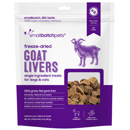Bag of Smallbatch freeze-dried goat livers, single ingredient treats for dogs and cats