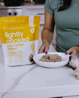 Person holding a plate of sliders next to a package of dog food on a counter.