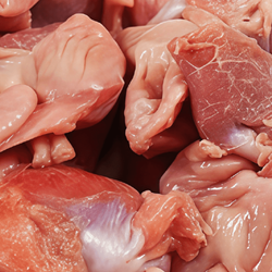 Close up view of raw turkey gizzards.