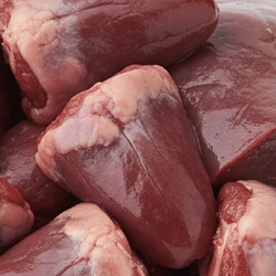 Close up view of raw turkey liver and heart.